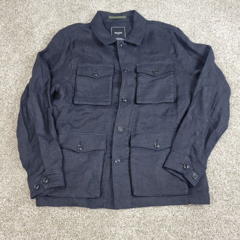 Todd Snyder Mens Large Black Four Pocket Utility Shirt Long Sleeve 100% Linen